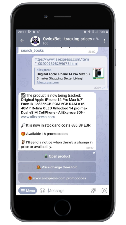 Screenshot of product tracking started on AliExpress