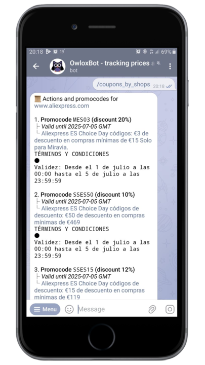 Screenshot of the AliExpress promotional codes catalog